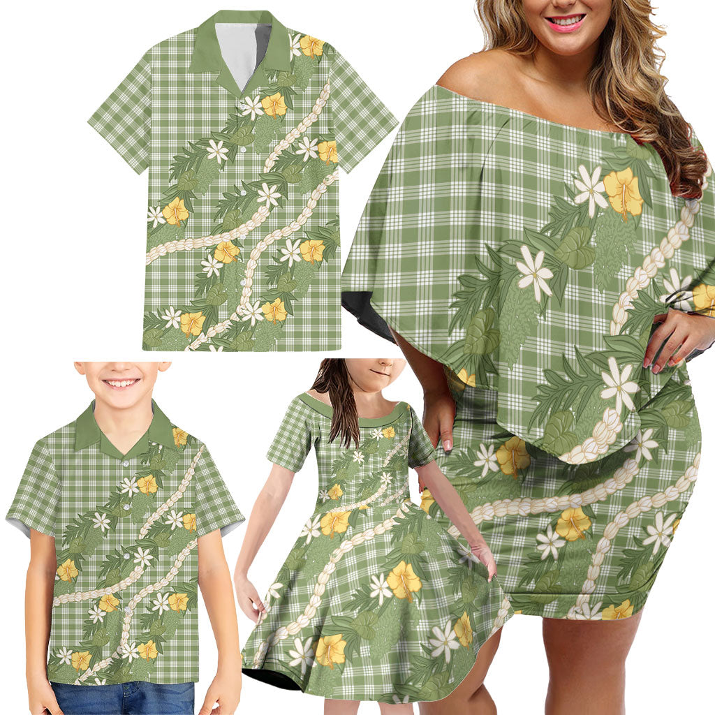 Aloha Puakenikeni Anthurium Pikake Lei Family Matching Off Shoulder Short Dress and Hawaiian Shirt Green Hawaiian Palaka Pattern