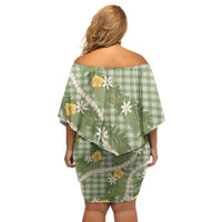 Aloha Puakenikeni Anthurium Pikake Lei Family Matching Off Shoulder Short Dress and Hawaiian Shirt Green Hawaiian Palaka Pattern LT9 - Polynesian Pride