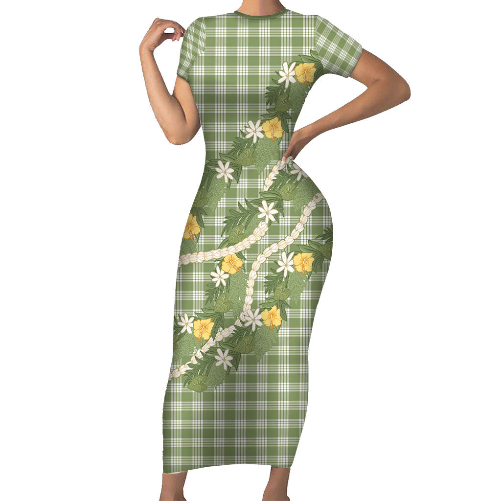 Aloha Puakenikeni Anthurium Pikake Lei Family Matching Short Sleeve Bodycon Dress and Hawaiian Shirt Green Hawaiian Palaka Pattern LT9 Mom's Dress Green - Polynesian Pride