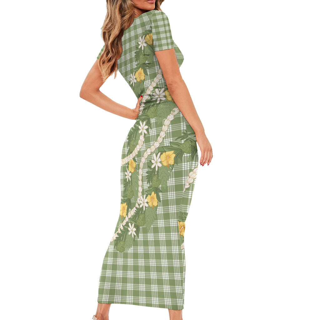 Aloha Puakenikeni Anthurium Pikake Lei Family Matching Short Sleeve Bodycon Dress and Hawaiian Shirt Green Hawaiian Palaka Pattern LT9 - Polynesian Pride
