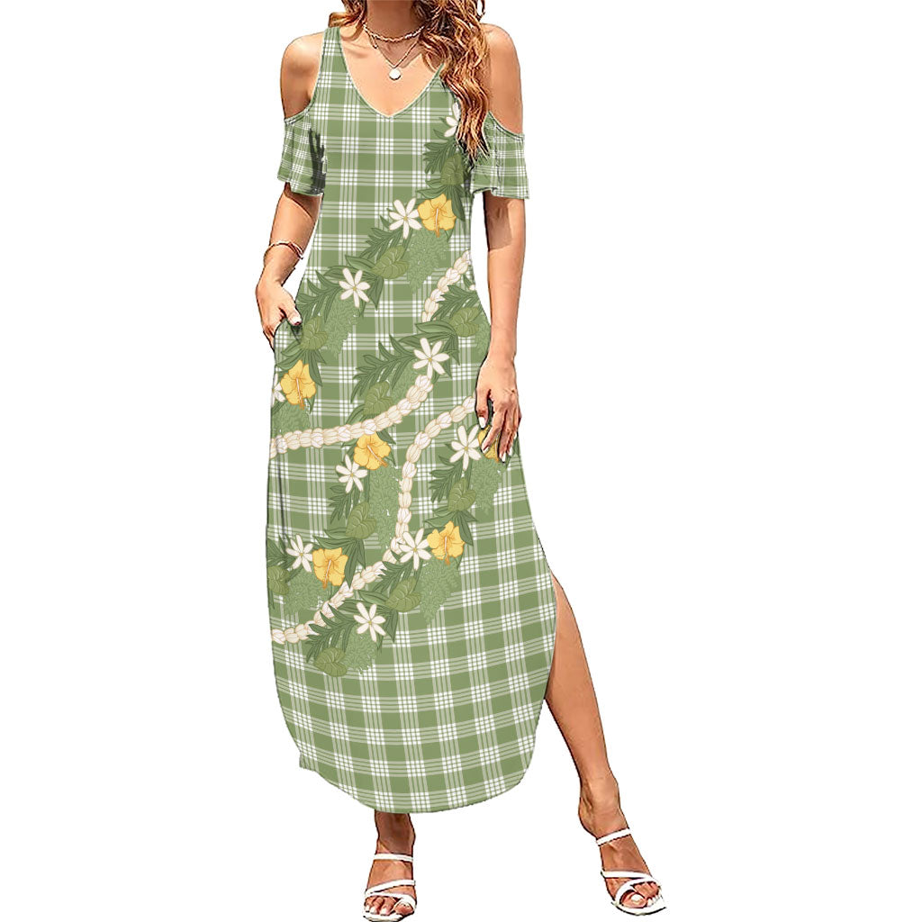 Aloha Puakenikeni Anthurium Pikake Lei Family Matching Summer Maxi Dress and Hawaiian Shirt Green Hawaiian Palaka Pattern LT9 Mom's Dress Green - Polynesian Pride