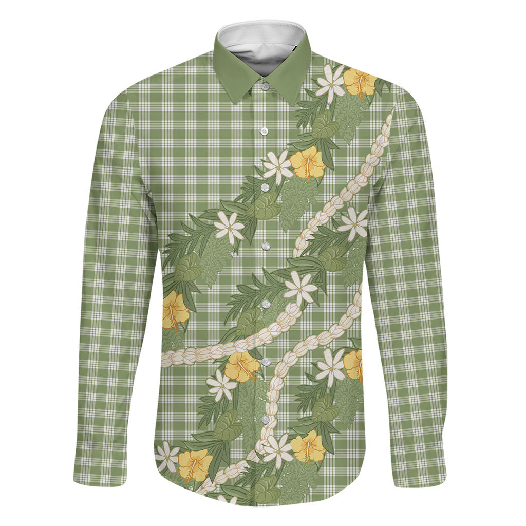Aloha Puakenikeni Anthurium Pikake Lei Family Matching Tank Maxi Dress and Hawaiian Shirt Green Hawaiian Palaka Pattern LT9 Dad's Shirt - Long Sleeve Green - Polynesian Pride