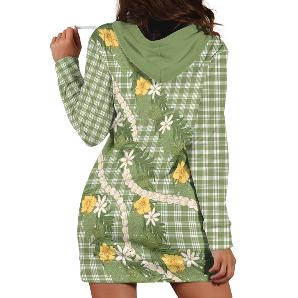 Aloha Puakenikeni Anthurium Pikake Lei Hoodie Dress Green Hawaiian Palaka Pattern LT9 - Polynesian Pride