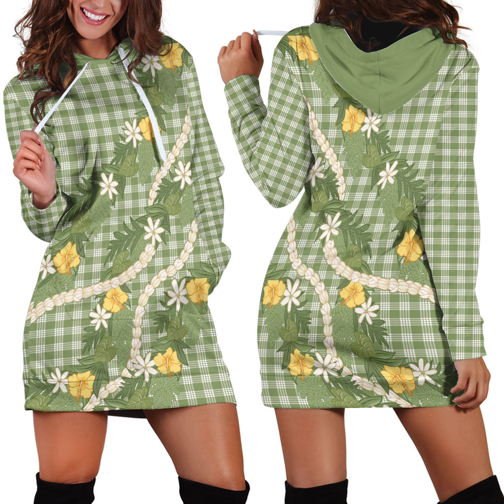 Aloha Puakenikeni Anthurium Pikake Lei Hoodie Dress Green Hawaiian Palaka Pattern LT9 - Polynesian Pride