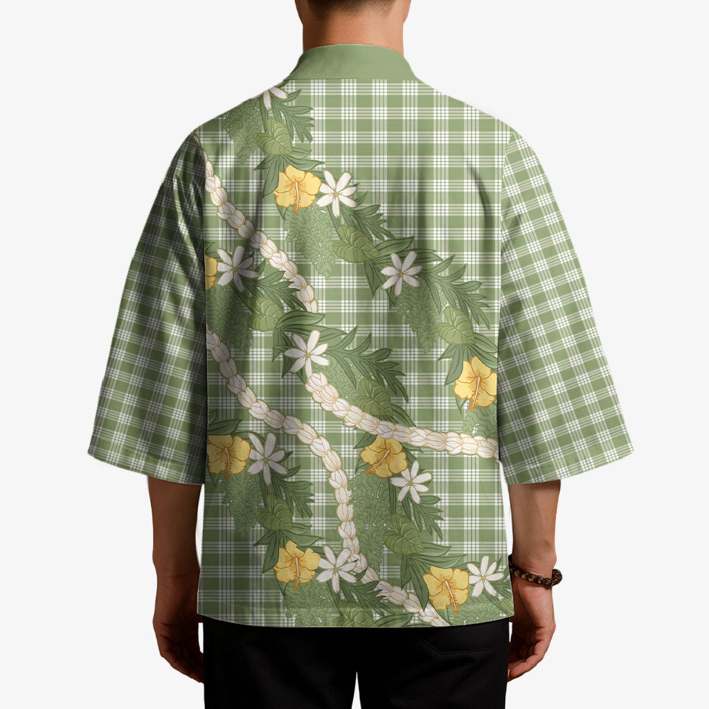 Aloha Puakenikeni Anthurium Pikake Lei Kimono Green Hawaiian Palaka Pattern