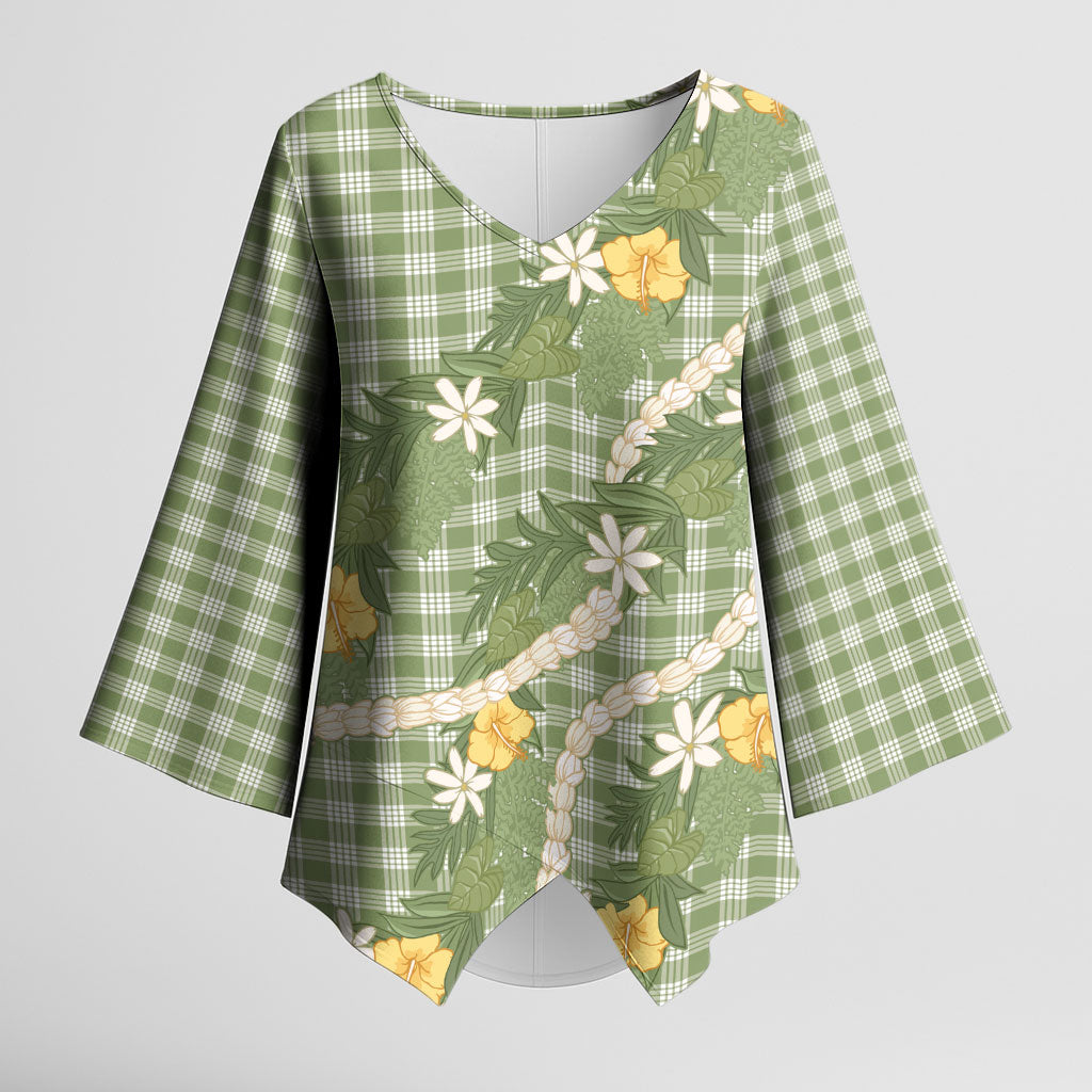 Aloha Puakenikeni Anthurium Pikake Lei Kimono Sleeve Blouse Green Hawaiian Palaka Pattern