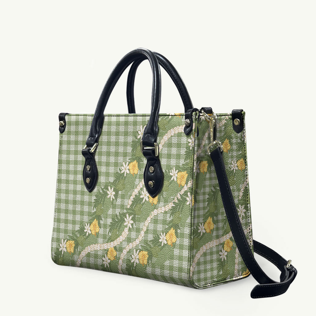 Aloha Puakenikeni Anthurium Pikake Lei Leather Bag Green Hawaiian Palaka Pattern