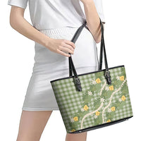 Aloha Puakenikeni Anthurium Pikake Lei Leather Tote Bag Green Hawaiian Palaka Pattern