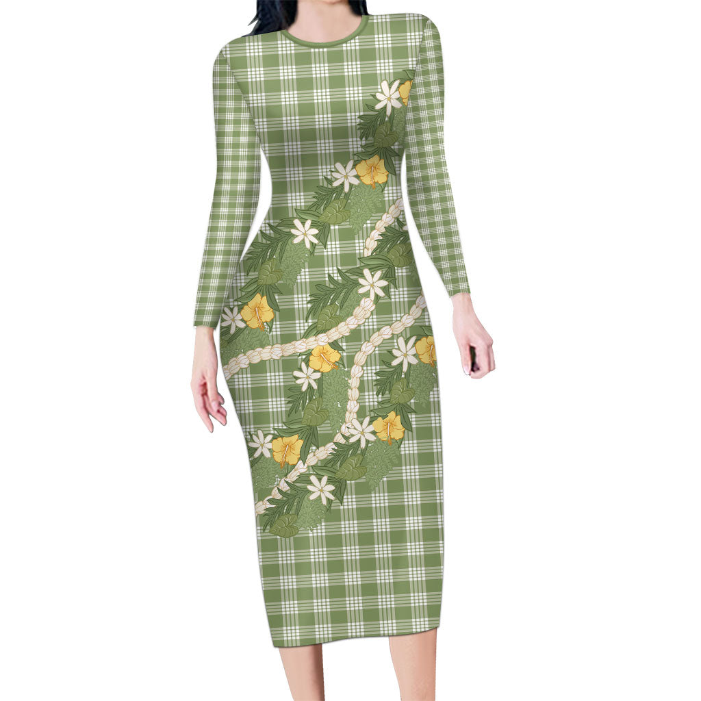 Aloha Puakenikeni Anthurium Pikake Lei Long Sleeve Bodycon Dress Green Hawaiian Palaka Pattern