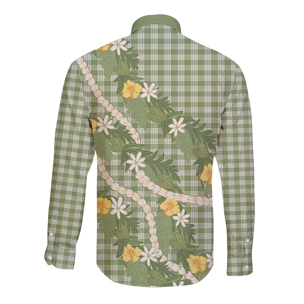 Aloha Puakenikeni Anthurium Pikake Lei Long Sleeve Button Shirt Green Hawaiian Palaka Pattern