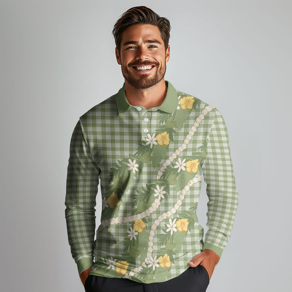 Aloha Puakenikeni Anthurium Pikake Lei Long Sleeve Polo Shirt Green Hawaiian Palaka Pattern