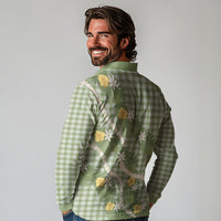 Aloha Puakenikeni Anthurium Pikake Lei Long Sleeve Polo Shirt Green Hawaiian Palaka Pattern