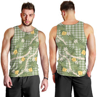 Aloha Puakenikeni Anthurium Pikake Lei Men Tank Top Green Hawaiian Palaka Pattern