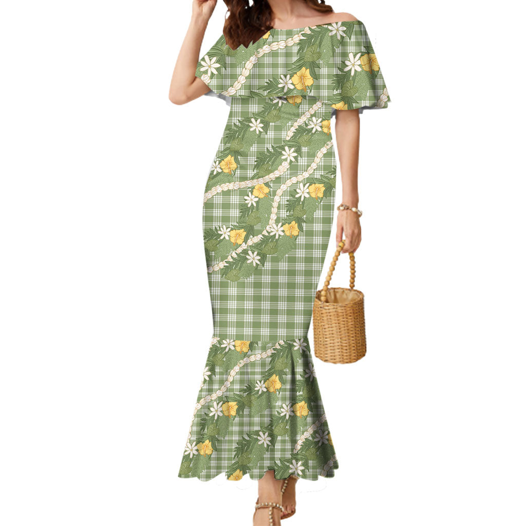 Aloha Puakenikeni Anthurium Pikake Lei Mermaid Dress Green Hawaiian Palaka Pattern