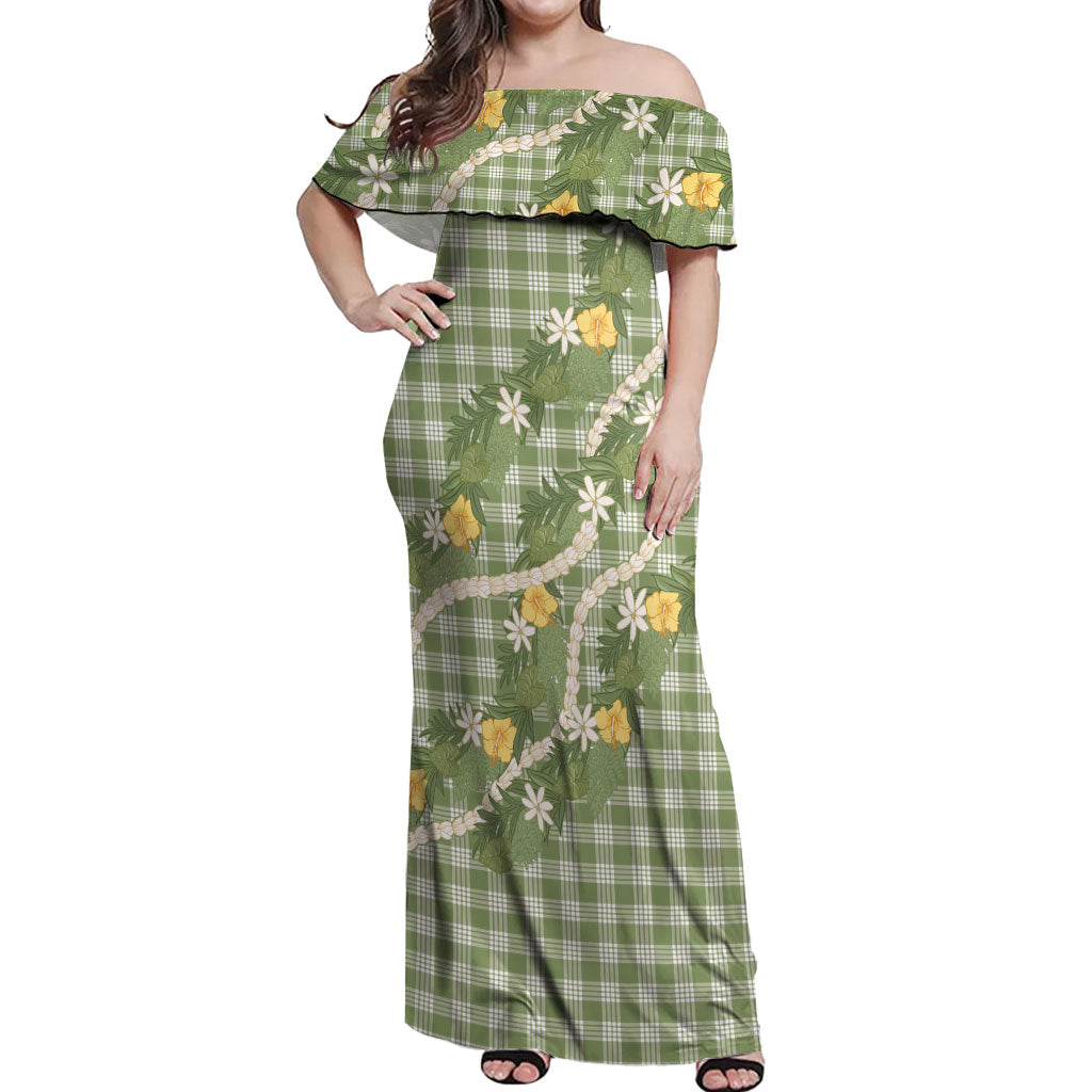 Aloha Puakenikeni Anthurium Pikake Lei Off Shoulder Maxi Dress Green Hawaiian Palaka Pattern