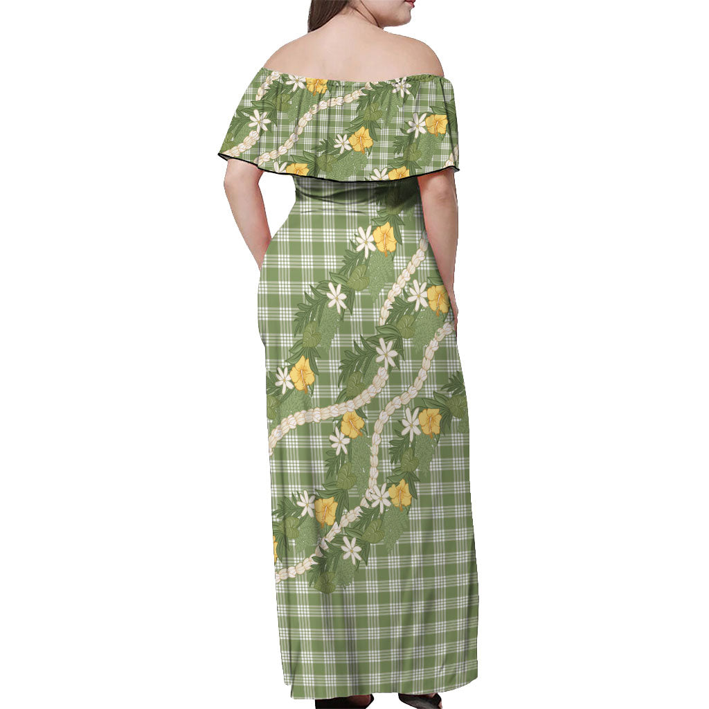 Aloha Puakenikeni Anthurium Pikake Lei Off Shoulder Maxi Dress Green Hawaiian Palaka Pattern
