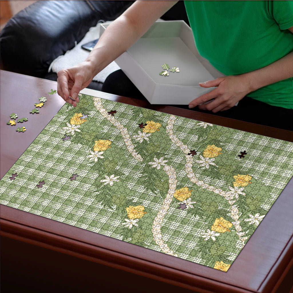 Aloha Puakenikeni Anthurium Pikake Lei Puzzle Green Hawaiian Palaka Pattern