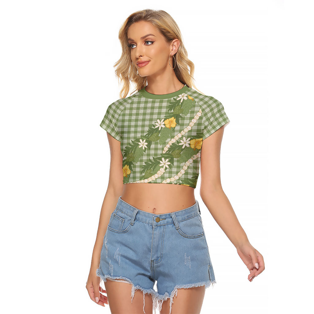 Aloha Puakenikeni Anthurium Pikake Lei Raglan Cropped T Shirt Green Hawaiian Palaka Pattern