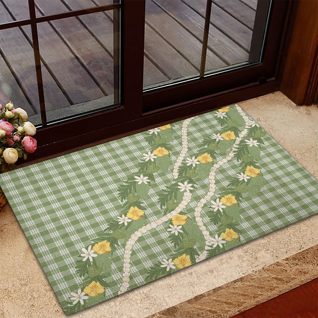 Aloha Puakenikeni Anthurium Pikake Lei Rubber Doormat Green Hawaiian Palaka Pattern LT9 - Polynesian Pride