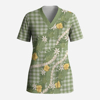 Aloha Puakenikeni Anthurium Pikake Lei Scrub Top Green Hawaiian Palaka Pattern