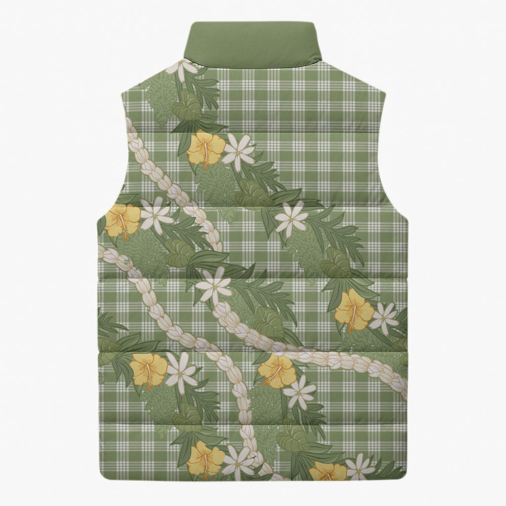 Aloha Puakenikeni Anthurium Pikake Lei Sleeveless Puffer Jacket Green Hawaiian Palaka Pattern
