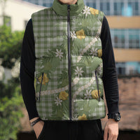 Aloha Puakenikeni Anthurium Pikake Lei Sleeveless Puffer Jacket Green Hawaiian Palaka Pattern