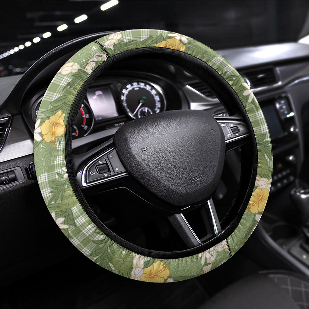 Aloha Puakenikeni Anthurium Pikake Lei Steering Wheel Cover Green Hawaiian Palaka Pattern LT9 Universal Fit Green - Polynesian Pride