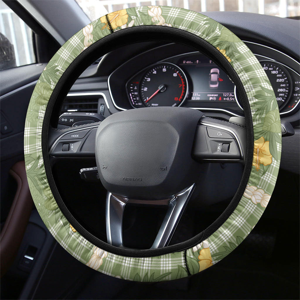 Aloha Puakenikeni Anthurium Pikake Lei Steering Wheel Cover Green Hawaiian Palaka Pattern LT9 - Polynesian Pride