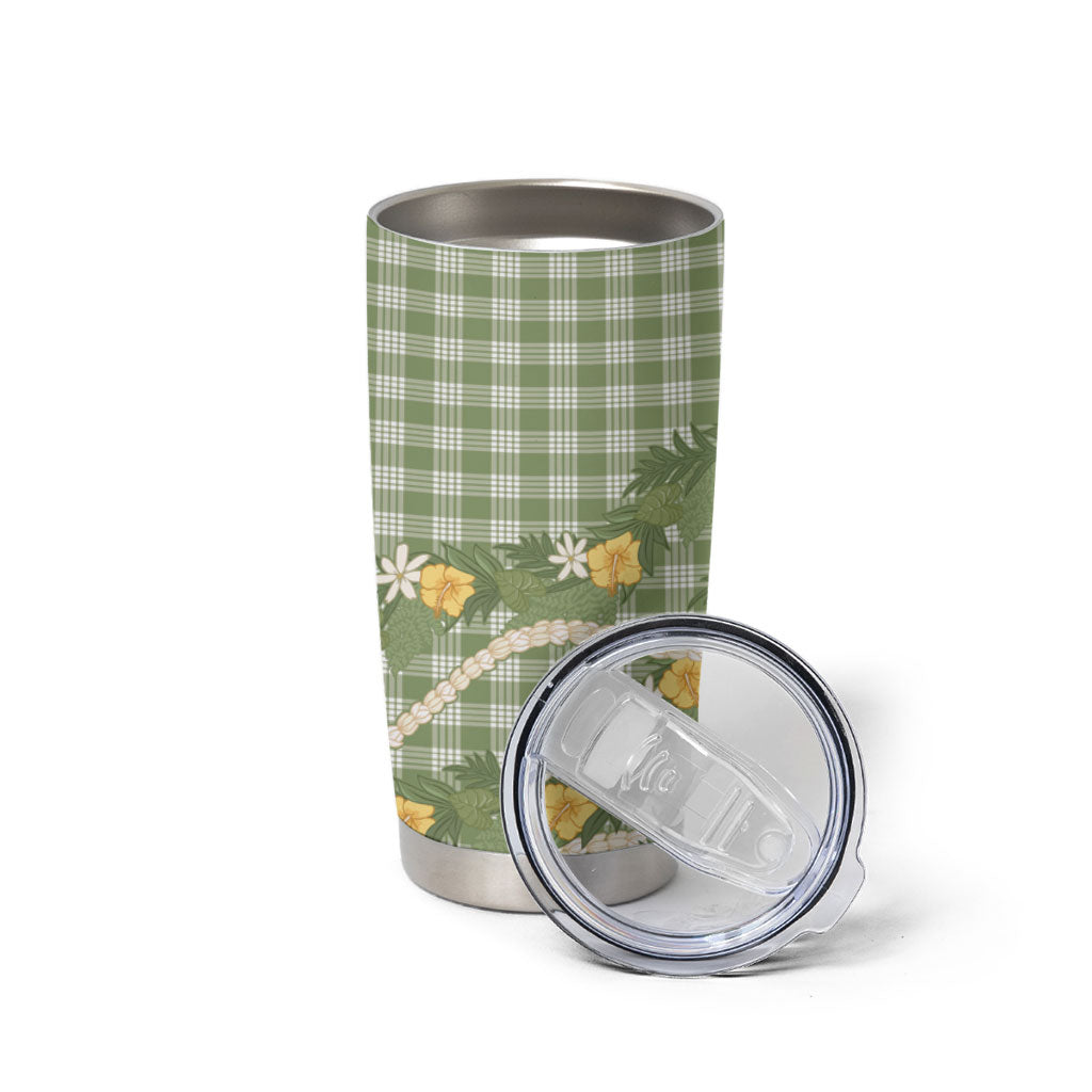 Aloha Puakenikeni Anthurium Pikake Lei Tumbler Cup Green Hawaiian Palaka Pattern