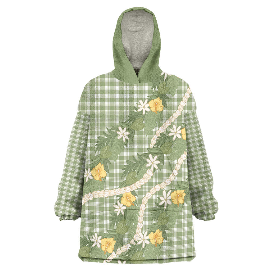 Aloha Puakenikeni Anthurium Pikake Lei Wearable Blanket Hoodie Green Hawaiian Palaka Pattern