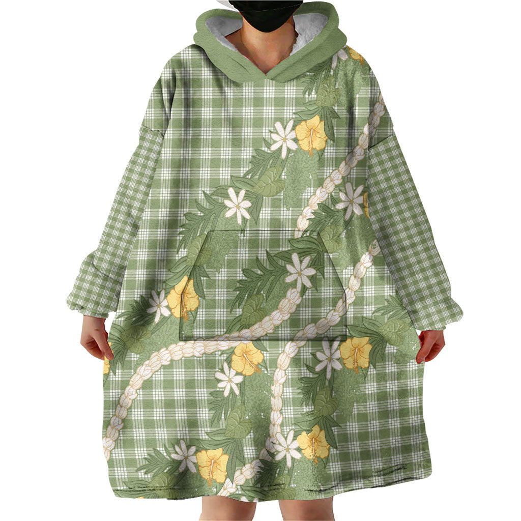Aloha Puakenikeni Anthurium Pikake Lei Wearable Blanket Hoodie Green Hawaiian Palaka Pattern