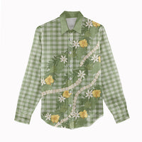 Aloha Puakenikeni Anthurium Pikake Lei Women Casual Shirt Green Hawaiian Palaka Pattern LT9 - Polynesian Pride