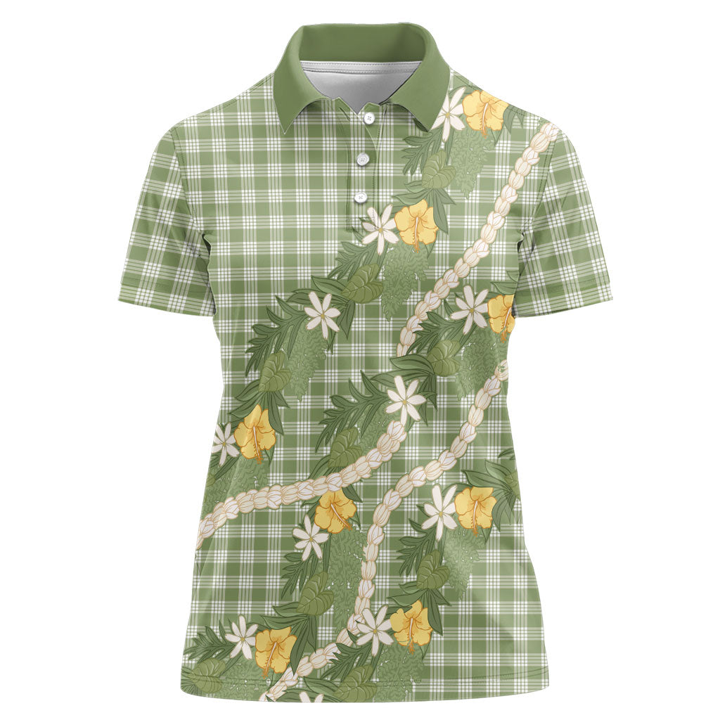 Aloha Puakenikeni Anthurium Pikake Lei Women Polo Shirt Green Hawaiian Palaka Pattern