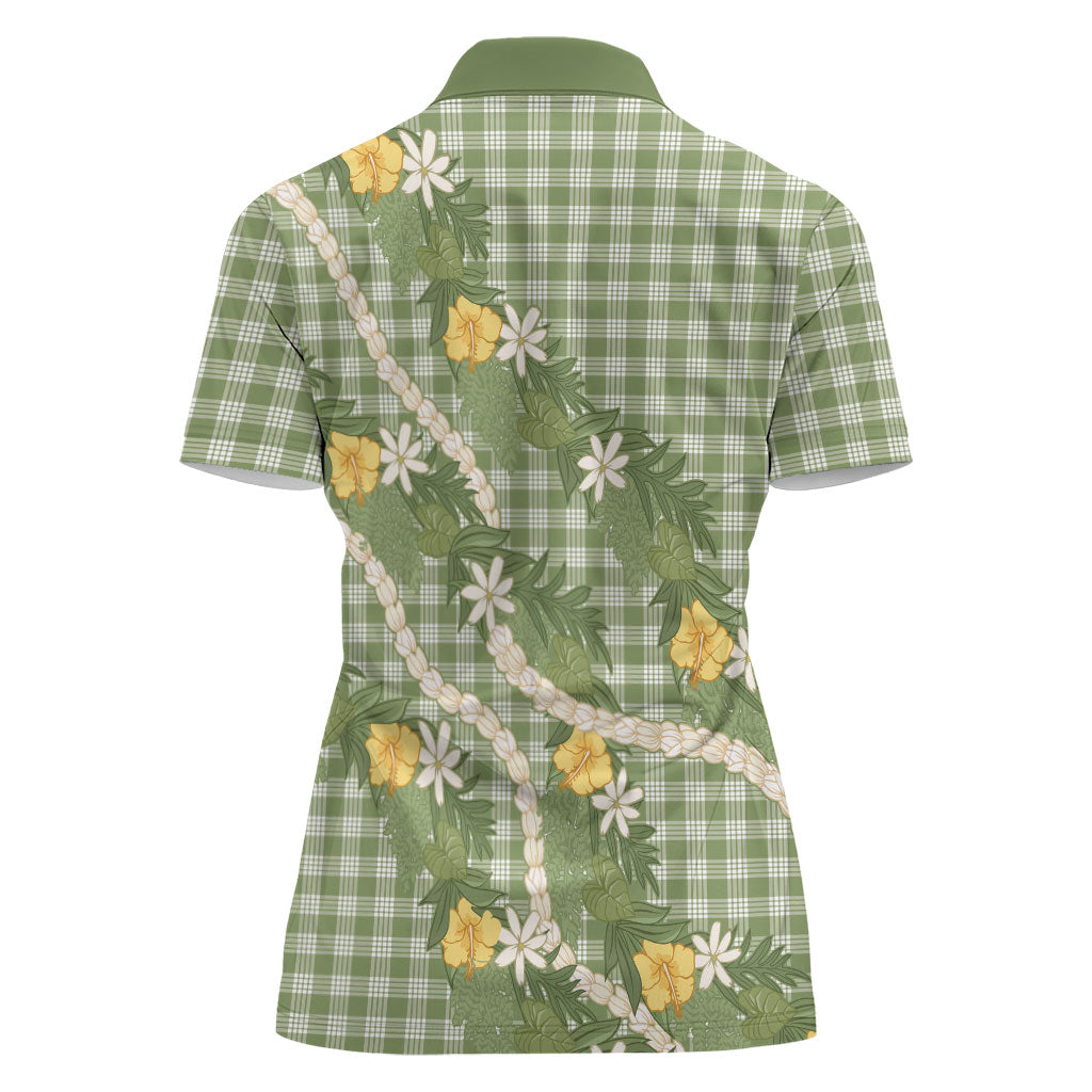 Aloha Puakenikeni Anthurium Pikake Lei Women Polo Shirt Green Hawaiian Palaka Pattern LT9 - Polynesian Pride