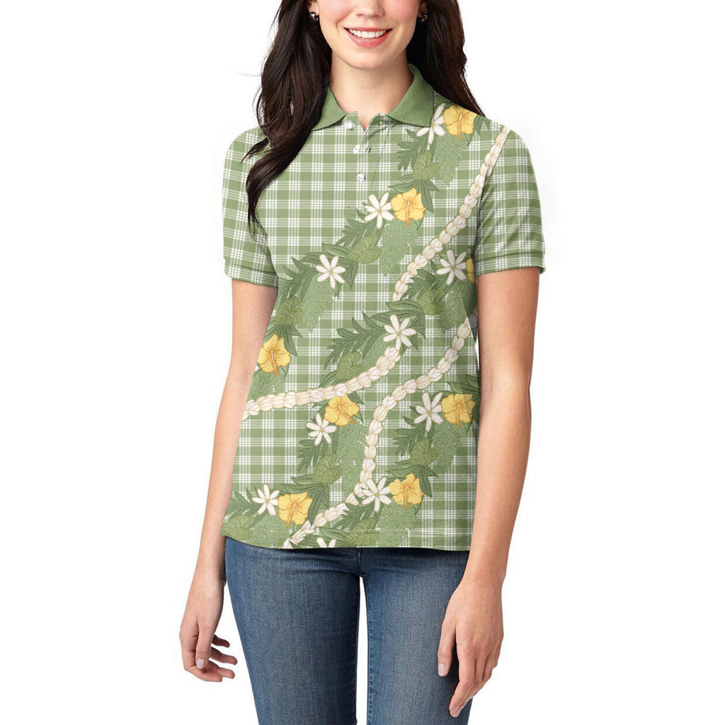 Aloha Puakenikeni Anthurium Pikake Lei Women Polo Shirt Green Hawaiian Palaka Pattern LT9 - Polynesian Pride