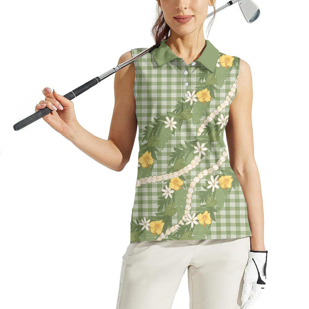 Aloha Puakenikeni Anthurium Pikake Lei Women Sleeveless Polo Shirt Green Hawaiian Palaka Pattern LT9 - Polynesian Pride