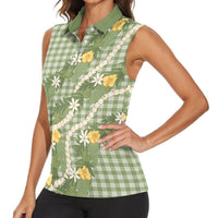 Aloha Puakenikeni Anthurium Pikake Lei Women Sleeveless Polo Shirt Green Hawaiian Palaka Pattern LT9 - Polynesian Pride