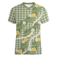 Aloha Puakenikeni Anthurium Pikake Lei Women V-Neck T-Shirt Green Hawaiian Palaka Pattern LT9 Female Green - Polynesian Pride