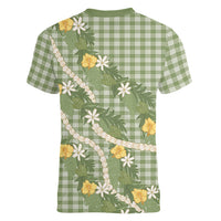 Aloha Puakenikeni Anthurium Pikake Lei Women V-Neck T-Shirt Green Hawaiian Palaka Pattern LT9 - Polynesian Pride