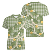 Aloha Puakenikeni Anthurium Pikake Lei Women V-Neck T-Shirt Green Hawaiian Palaka Pattern LT9 - Polynesian Pride