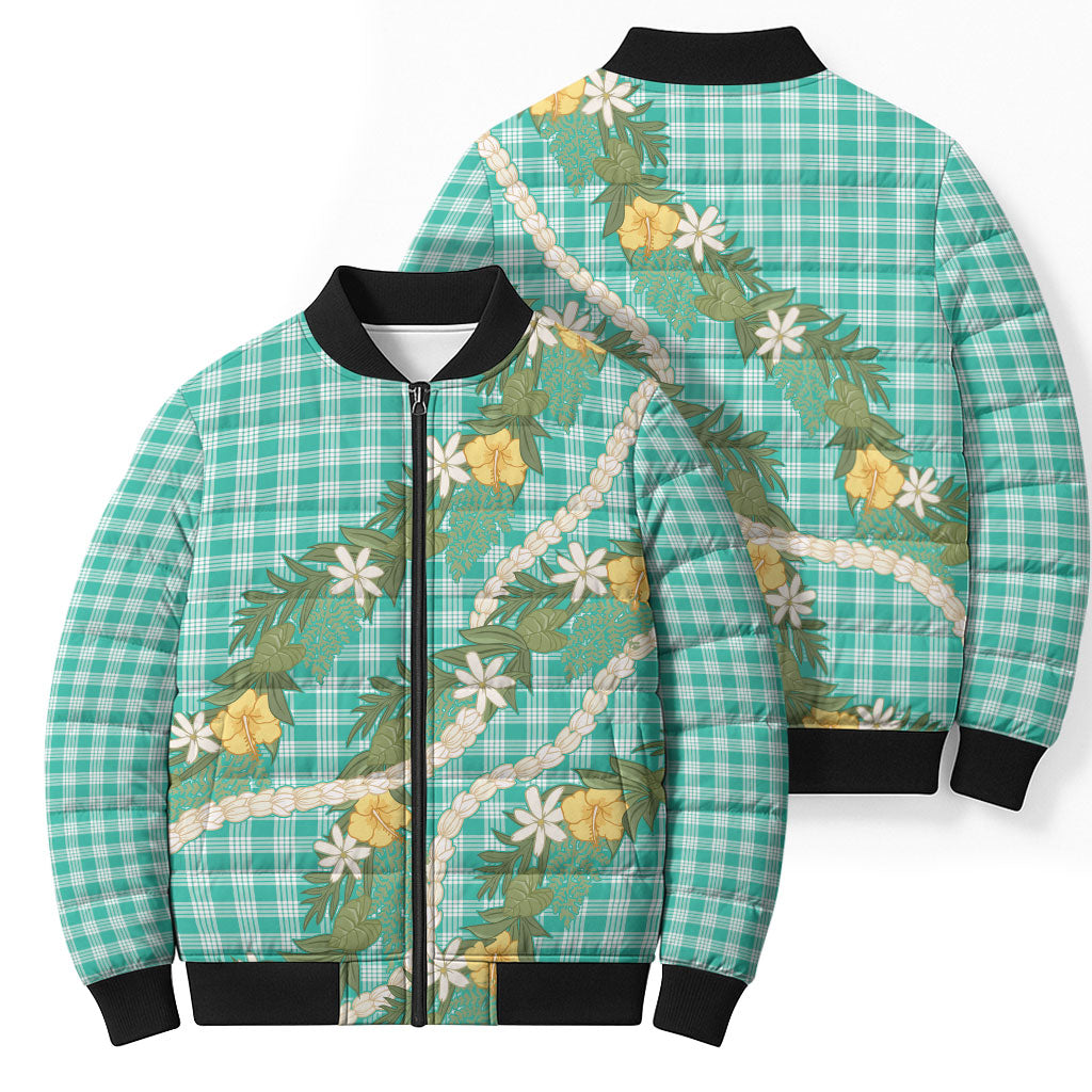 Aloha Puakenikeni Anthurium Pikake Lei Bomber Puffer Jacket Marine Hawaiian Palaka Pattern