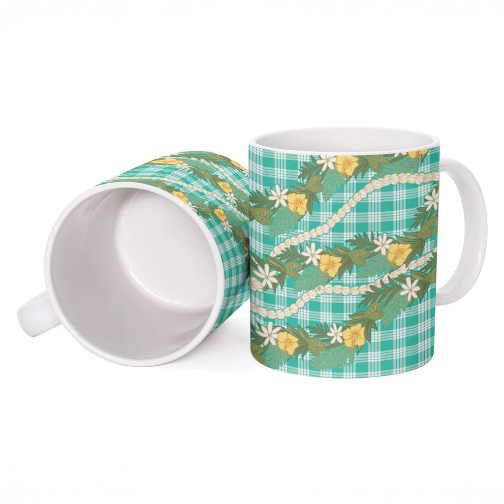 Aloha Puakenikeni Anthurium Pikake Lei Ceramic Mug Marine Hawaiian Palaka Pattern