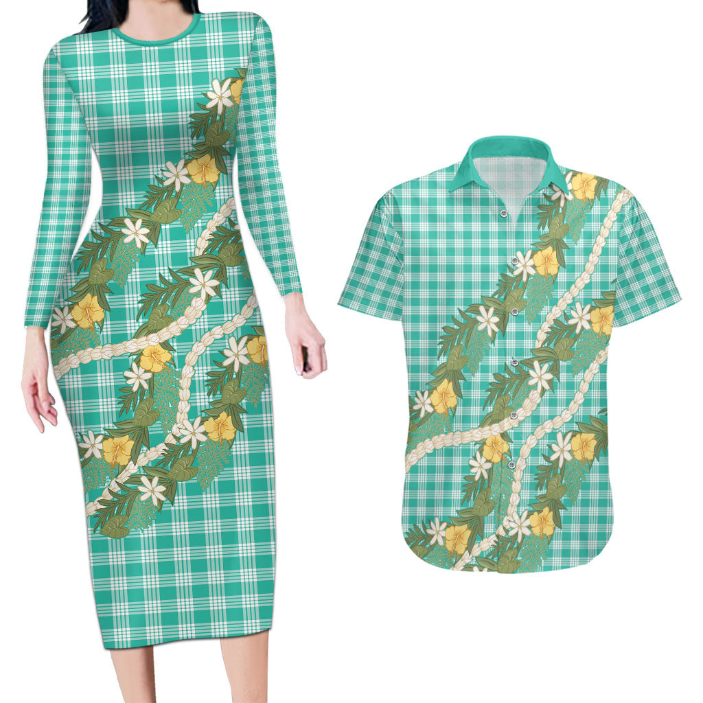 Aloha Puakenikeni Anthurium Pikake Lei Couples Matching Long Sleeve Bodycon Dress and Hawaiian Shirt Marine Hawaiian Palaka Pattern