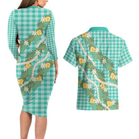 Aloha Puakenikeni Anthurium Pikake Lei Couples Matching Long Sleeve Bodycon Dress and Hawaiian Shirt Marine Hawaiian Palaka Pattern LT9 - Polynesian Pride