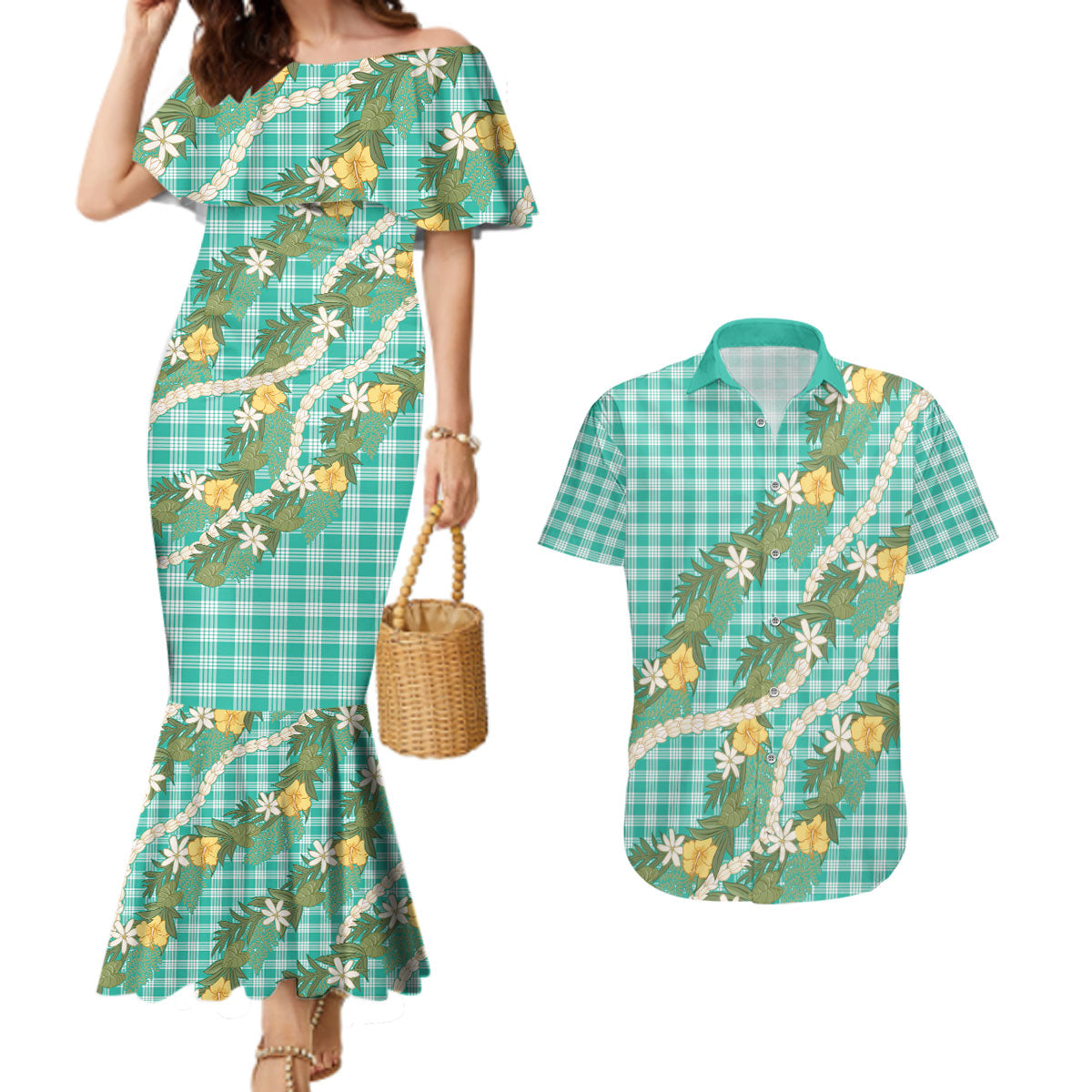 Aloha Puakenikeni Anthurium Pikake Lei Couples Matching Mermaid Dress and Hawaiian Shirt Marine Hawaiian Palaka Pattern LT9 Marine - Polynesian Pride