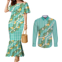 Aloha Puakenikeni Anthurium Pikake Lei Couples Matching Mermaid Dress and Long Sleeve Button Shirt Marine Hawaiian Palaka Pattern LT9 Marine - Polynesian Pride
