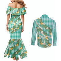 Aloha Puakenikeni Anthurium Pikake Lei Couples Matching Mermaid Dress and Long Sleeve Button Shirt Marine Hawaiian Palaka Pattern LT9 - Polynesian Pride