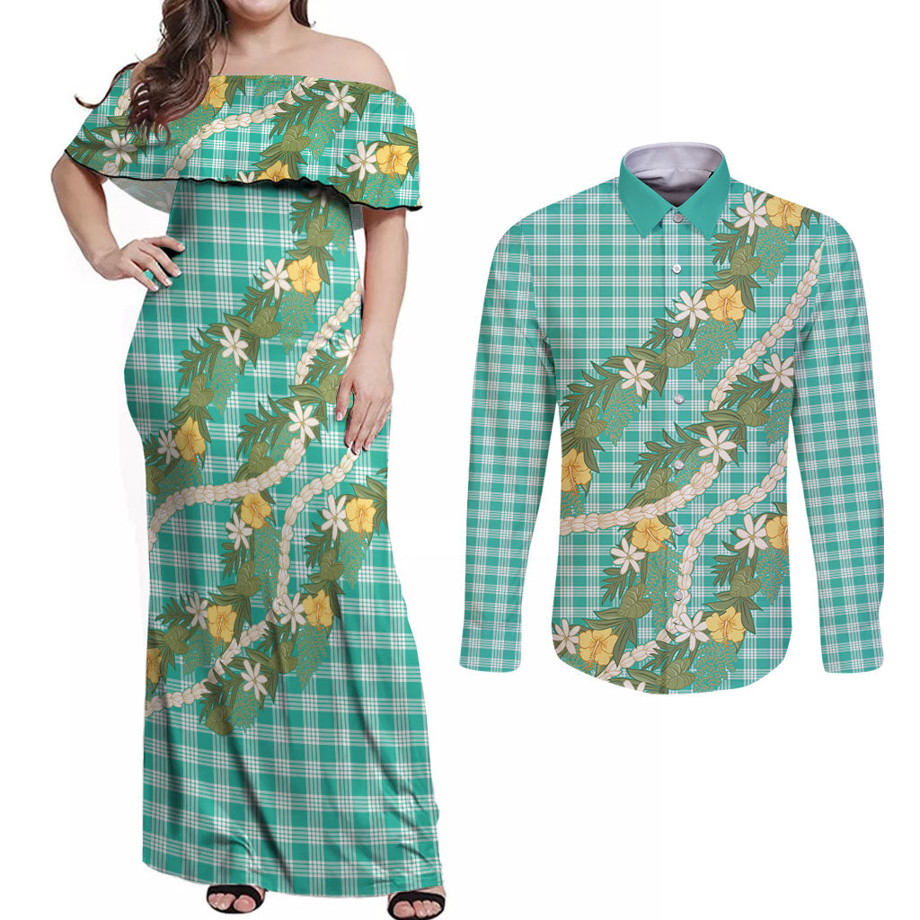 Aloha Puakenikeni Anthurium Pikake Lei Couples Matching Off Shoulder Maxi Dress and Long Sleeve Button Shirt Marine Hawaiian Palaka Pattern LT9 Marine - Polynesian Pride