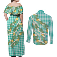 Aloha Puakenikeni Anthurium Pikake Lei Couples Matching Off Shoulder Maxi Dress and Long Sleeve Button Shirt Marine Hawaiian Palaka Pattern LT9 - Polynesian Pride