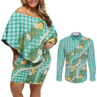 Aloha Puakenikeni Anthurium Pikake Lei Couples Matching Off Shoulder Short Dress and Long Sleeve Button Shirt Marine Hawaiian Palaka Pattern LT9 Marine - Polynesian Pride